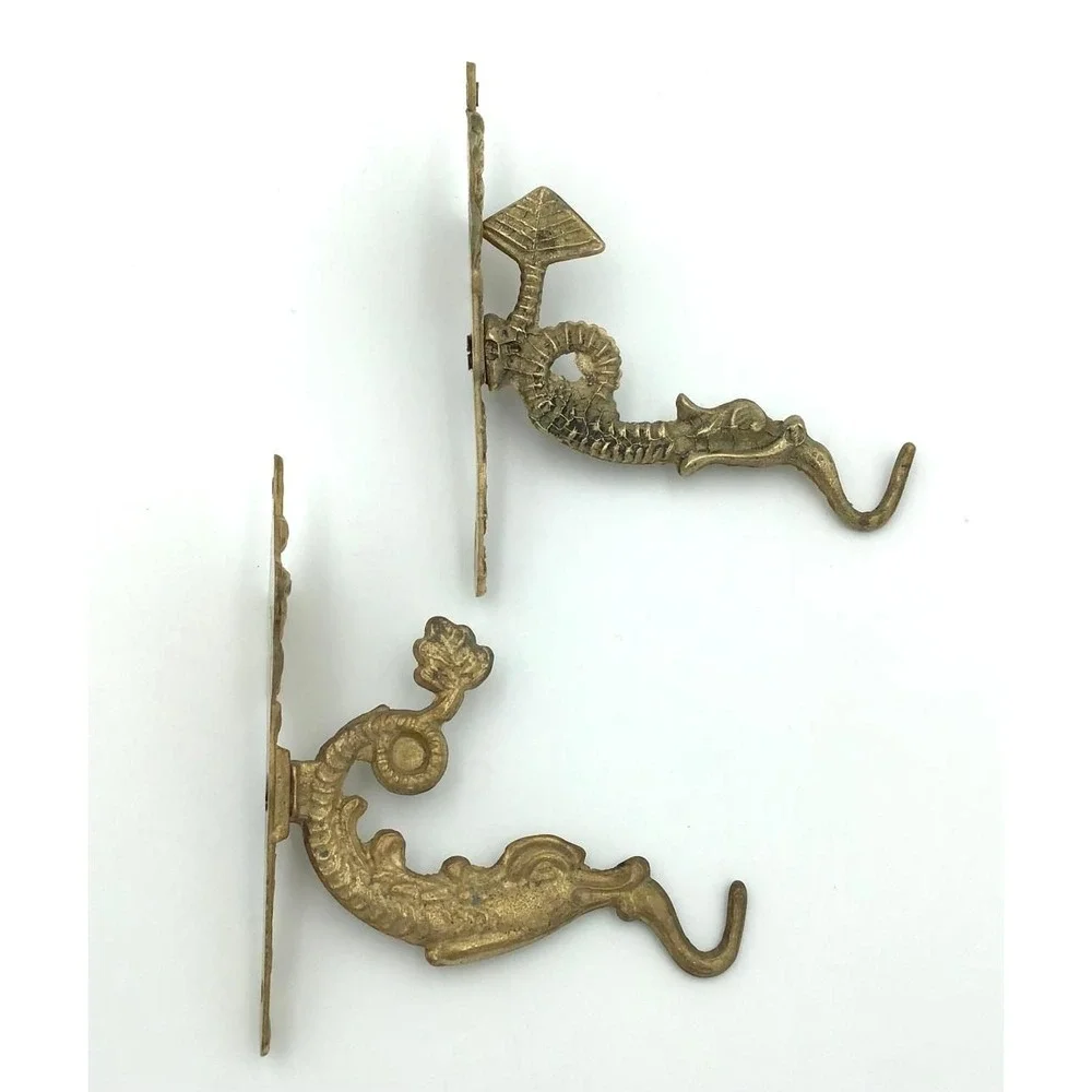 VTG Brass Dragon Sea Creature Wall Hooks Ornate Nautical Decor Set of 2 Coastal
